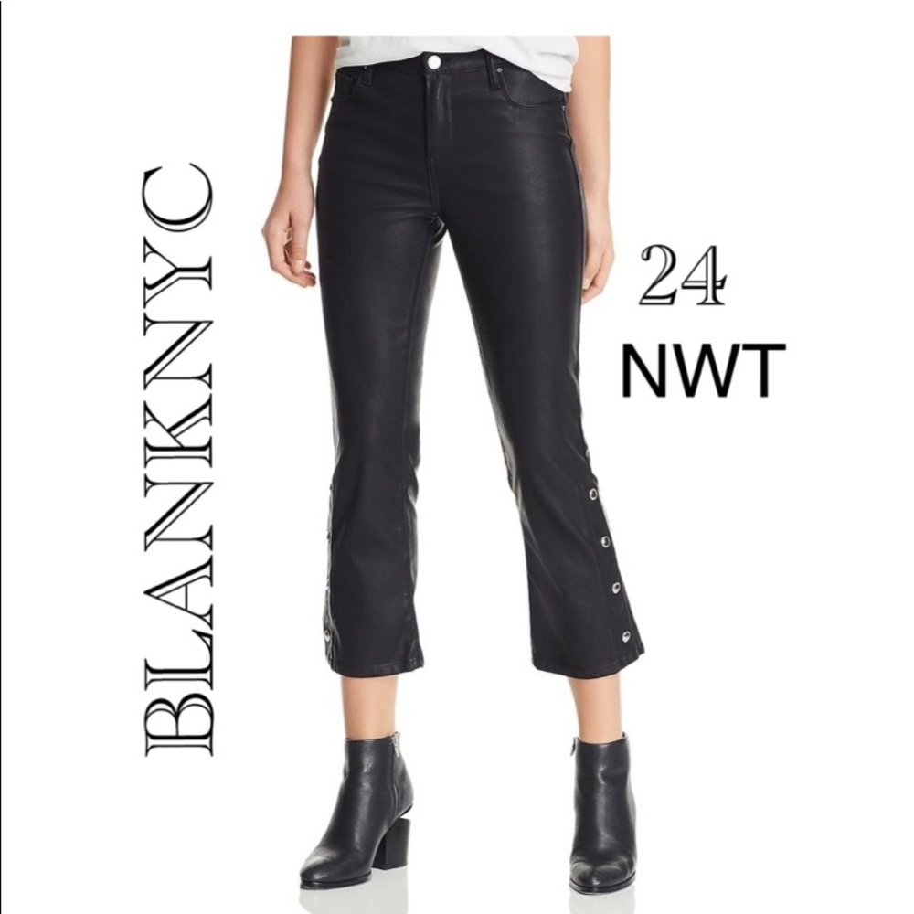 NWT (24) BLANKNYC 7/8 Varick flare cropped Pleather faux vegan snap close black